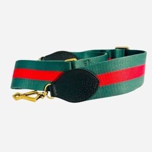 Green and Red Wide Webbing Bag Strap with Gold Hardware